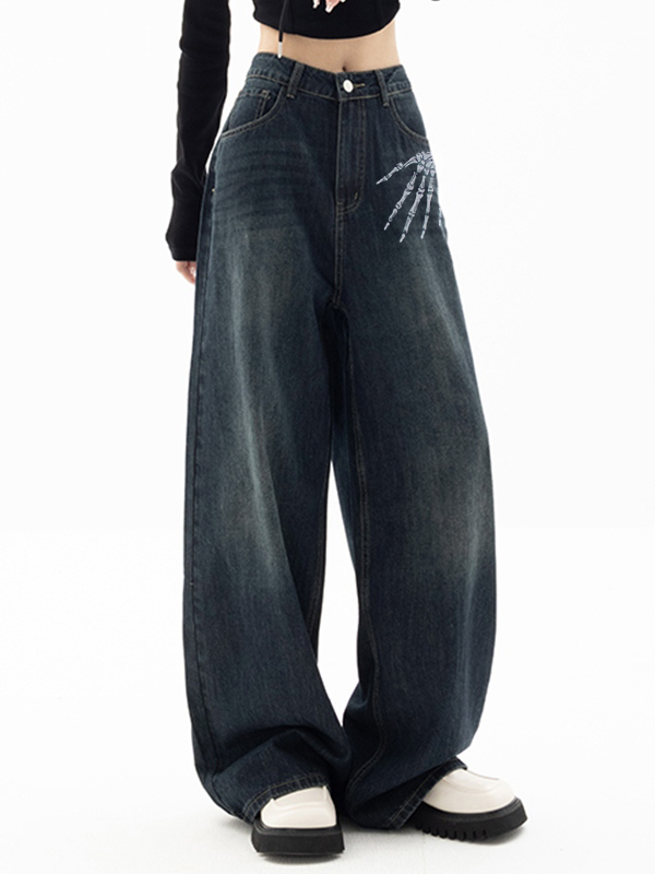 Washed Skull Print Boyfriend Jeans-3