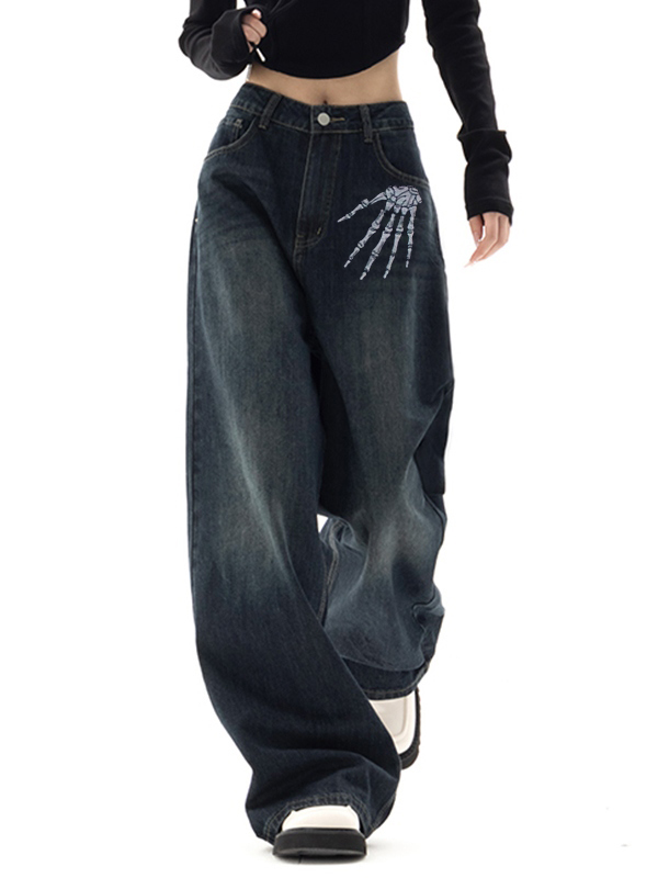 Washed Skull Print Boyfriend Jeans-1