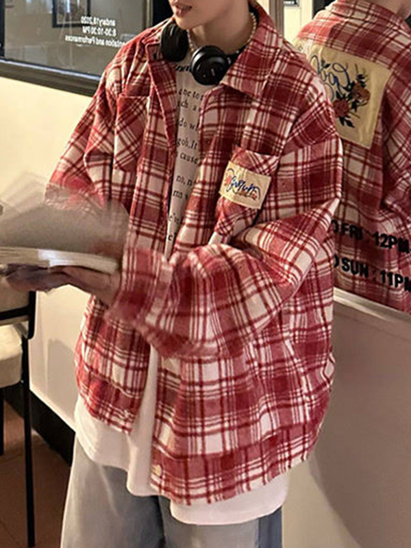 Men's Vintage Plaid Print Embroidery Long Sleeve Blouse-2
