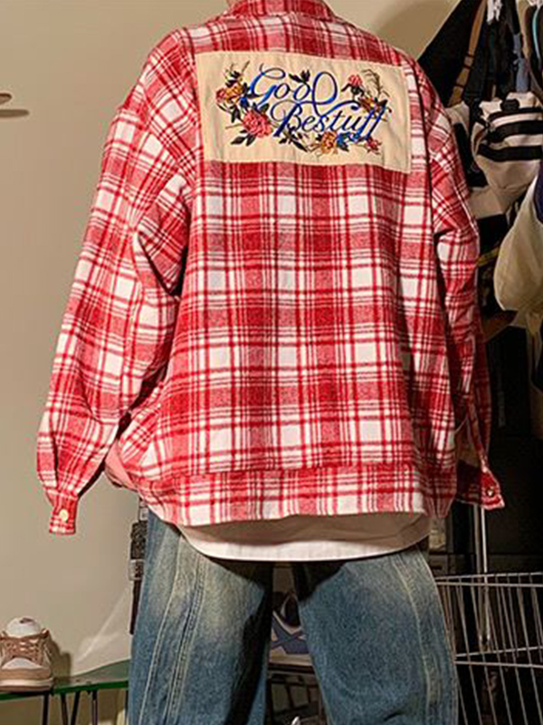Men's Vintage Plaid Print Embroidery Long Sleeve Blouse-1