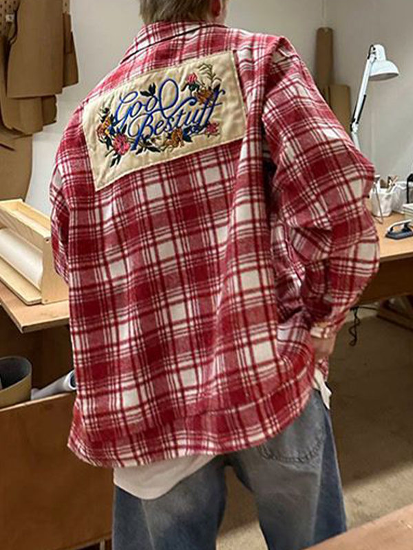 Men's Vintage Plaid Print Embroidery Long Sleeve Blouse-3