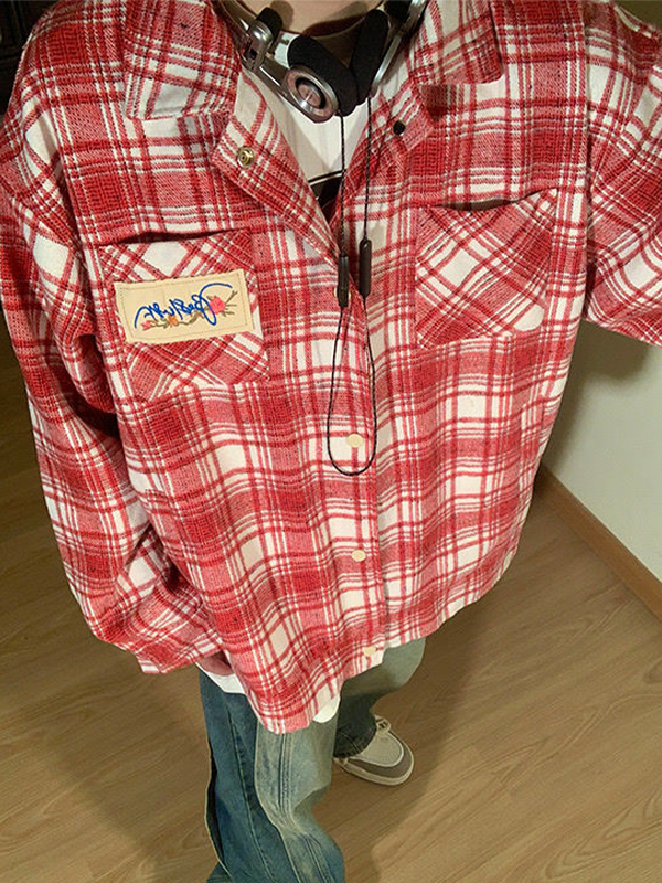 Men's Vintage Plaid Print Embroidery Long Sleeve Blouse-4