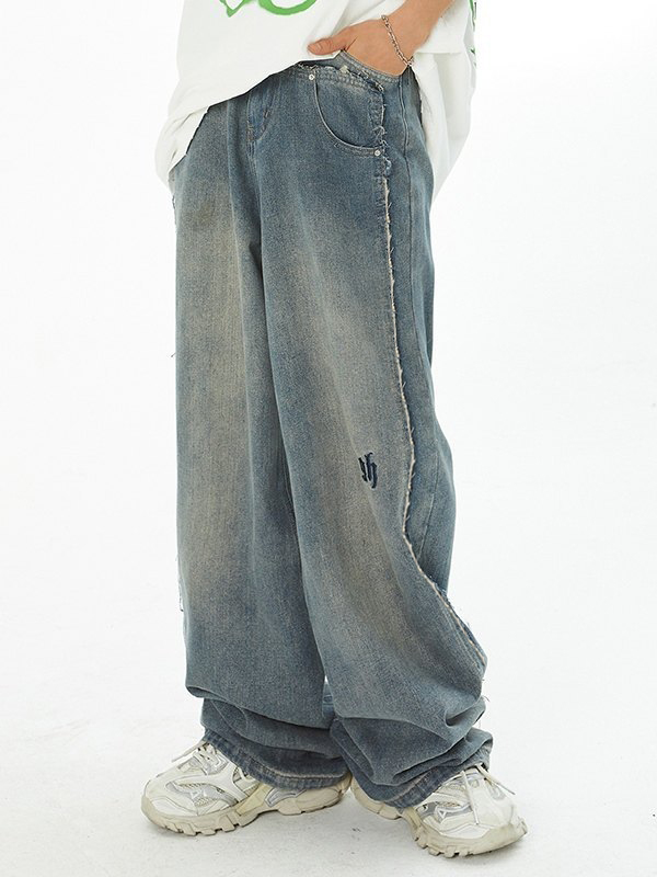 Men'S Wings Print Faded Patchwork Distressed Loose Jeans-1