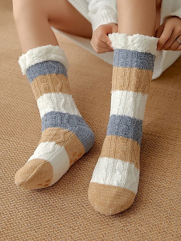 Color Block Striped Fleece Lined Home Socks-1